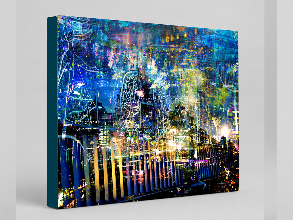 Melbourne by Night – urban landscape archival canvas print by Durham J White. Melbourne's iconic skyline layered in deep cobalt, electric blue, neon gold and violet tones — Flinders Street Station, the MCG, Princes Bridge and Docklands in a single immersive composition.