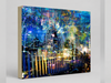 Melbourne by Night – urban landscape archival canvas print by Durham J White. Melbourne's iconic skyline layered in deep cobalt, electric blue, neon gold and violet tones — Flinders Street Station, the MCG, Princes Bridge and Docklands in a single immersive composition.