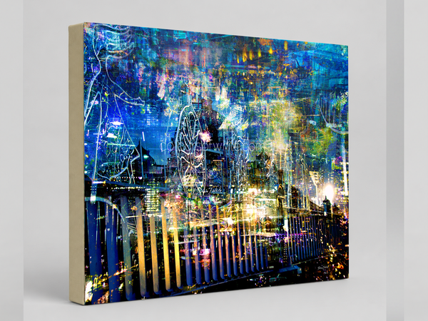 Melbourne by Night – urban landscape archival canvas print by Durham J White. Melbourne's iconic skyline layered in deep cobalt, electric blue, neon gold and violet tones — Flinders Street Station, the MCG, Princes Bridge and Docklands in a single immersive composition.