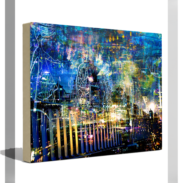 Melbourne by Night – urban landscape archival canvas print by Durham J White. Melbourne's iconic skyline layered in deep cobalt, electric blue, neon gold and violet tones — Flinders Street Station, the MCG, Princes Bridge and Docklands in a single immersive composition.
