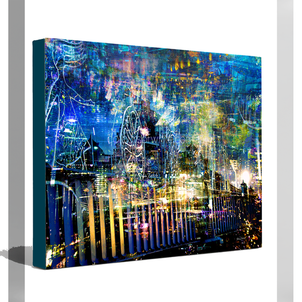 Melbourne by Night – urban landscape archival canvas print by Durham J White. Melbourne's iconic skyline layered in deep cobalt, electric blue, neon gold and violet tones — Flinders Street Station, the MCG, Princes Bridge and Docklands in a single immersive composition.