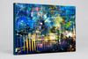 Melbourne by Night – urban landscape archival canvas print by Durham J White. Melbourne's iconic skyline layered in deep cobalt, electric blue, neon gold and violet tones — Flinders Street Station, the MCG, Princes Bridge and Docklands in a single immersive composition.