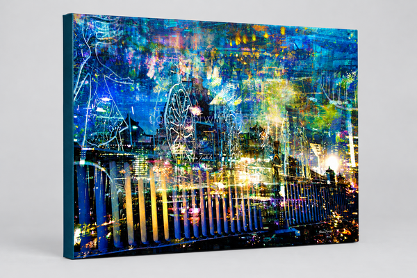 Melbourne by Night – urban landscape archival canvas print by Durham J White. Melbourne's iconic skyline layered in deep cobalt, electric blue, neon gold and violet tones — Flinders Street Station, the MCG, Princes Bridge and Docklands in a single immersive composition.