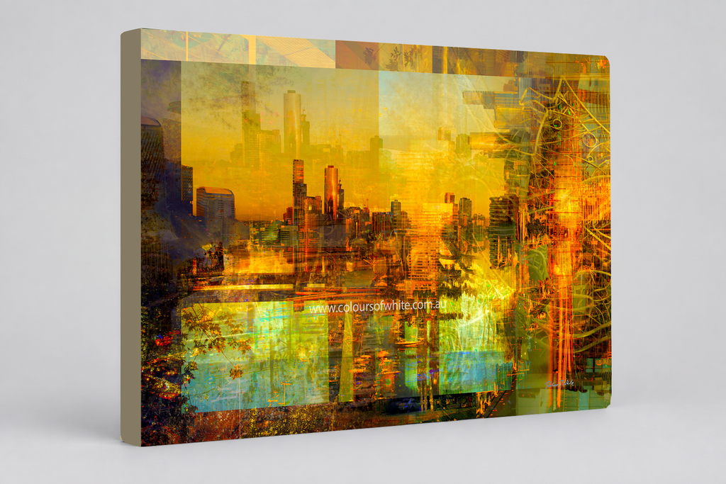 Melbourne Golden Skyline – archival canvas print urban landscape by Durham J White. Melbourne's skyline at golden hour in amber, burnt orange and gold tones with teal and aqua accents — a layered photographic composition capturing the city from the west.