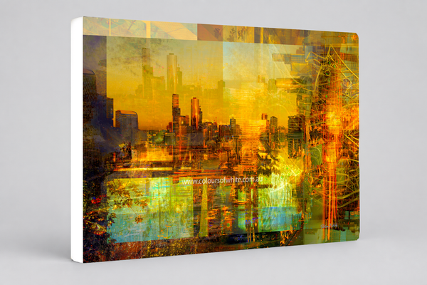Melbourne Golden Skyline – archival canvas print urban landscape by Durham J White. Melbourne's skyline at golden hour in amber, burnt orange and gold tones with teal and aqua accents — a layered photographic composition capturing the city from the west.