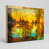 Melbourne Golden Skyline – archival canvas print urban landscape by Durham J White. Melbourne's skyline at golden hour in amber, burnt orange and gold tones with teal and aqua accents — a layered photographic composition capturing the city from the west.