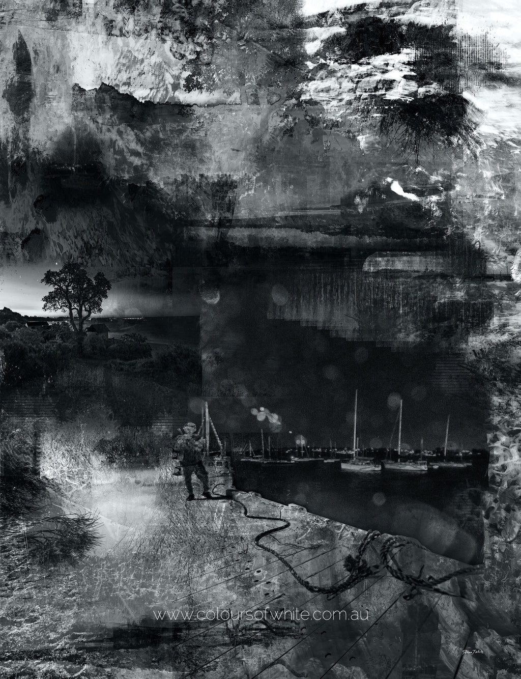 “Moonwalking” glass framed fine art print by Durham J White, featuring a layered photographic artwork of Mornington Pier in a pure grayscale spectrum of rich blacks, stark whites, and fine intermediate gradations.