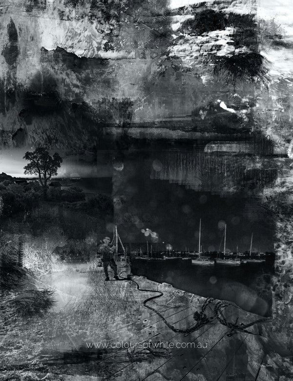 “Moonwalking” glass framed fine art print by Durham J White, featuring a layered photographic artwork of Mornington Pier in a pure grayscale spectrum of rich blacks, stark whites, and fine intermediate gradations.