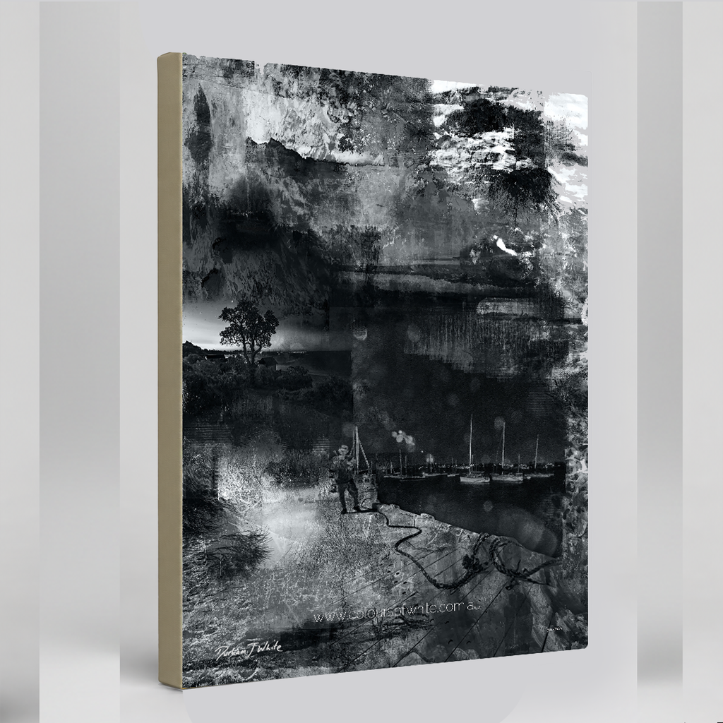 "Moonwalking" archival canvas print by Durham J White, featuring a monochrome layered photographic artwork of Mornington Pier with a lone figure and boats, in deep carbon blacks, graphite mid-tones, and crisp whites.
