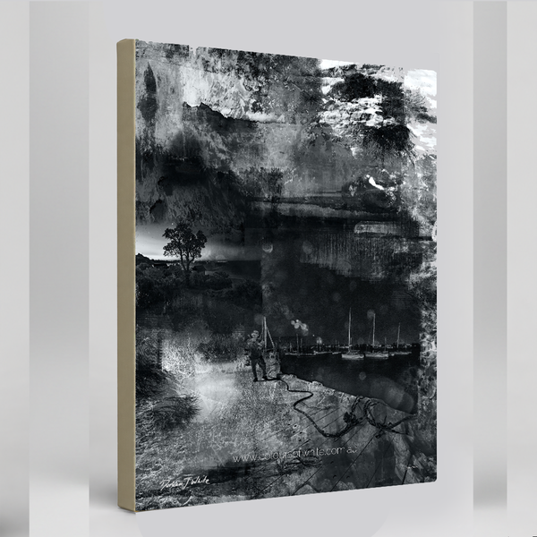 "Moonwalking" archival canvas print by Durham J White, featuring a monochrome layered photographic artwork of Mornington Pier with a lone figure and boats, in deep carbon blacks, graphite mid-tones, and crisp whites.