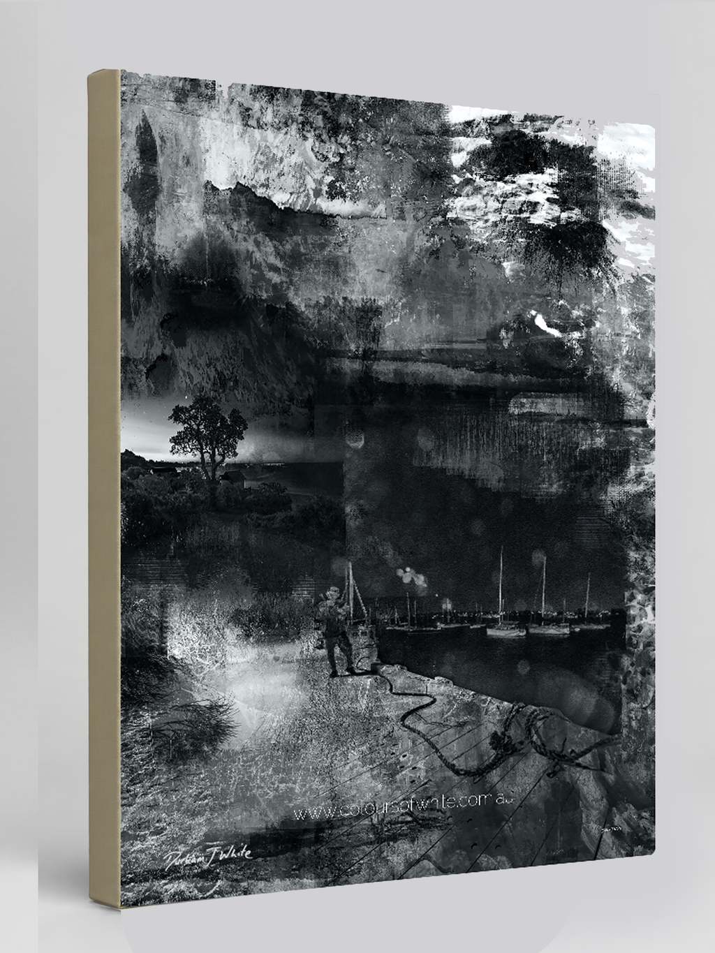"Moonwalking" archival canvas print by Durham J White, featuring a monochrome layered photographic artwork of Mornington Pier with a lone figure and boats, in deep carbon blacks, graphite mid-tones, and crisp whites.
