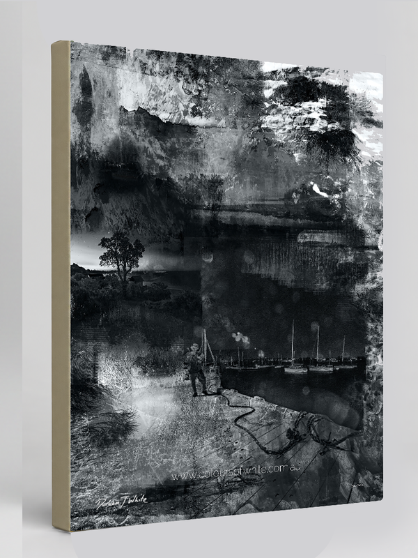 "Moonwalking" archival canvas print by Durham J White, featuring a monochrome layered photographic artwork of Mornington Pier with a lone figure and boats, in deep carbon blacks, graphite mid-tones, and crisp whites.