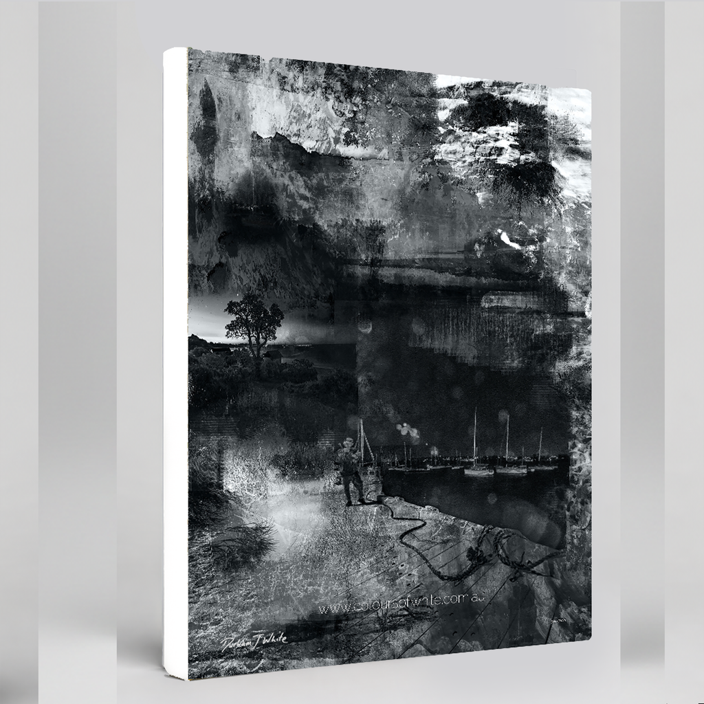 "Moonwalking" archival canvas print by Durham J White, featuring a monochrome layered photographic artwork of Mornington Pier with a lone figure and boats, in deep carbon blacks, graphite mid-tones, and crisp whites.