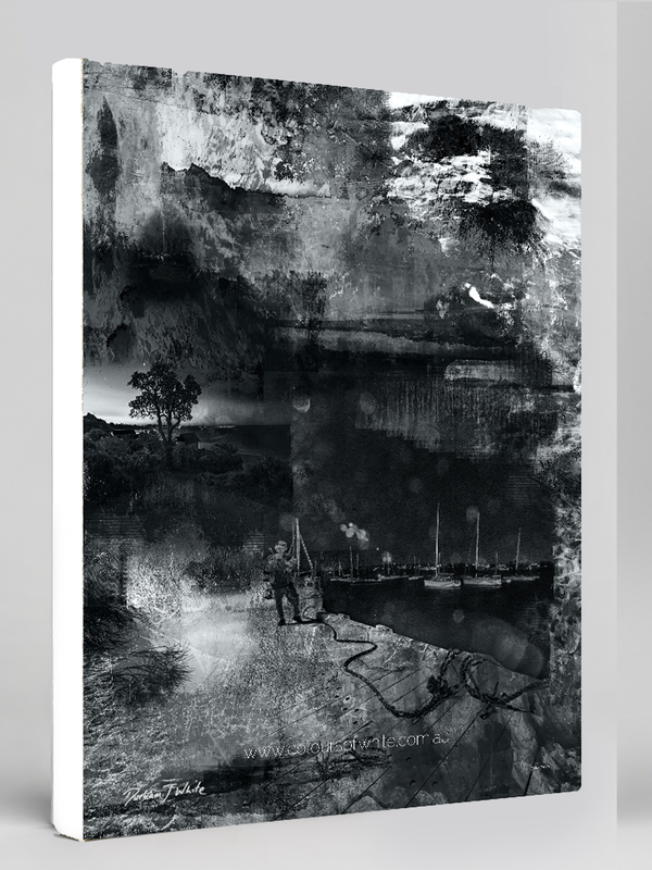 "Moonwalking" archival canvas print by Durham J White, featuring a monochrome layered photographic artwork of Mornington Pier with a lone figure and boats, in deep carbon blacks, graphite mid-tones, and crisp whites.