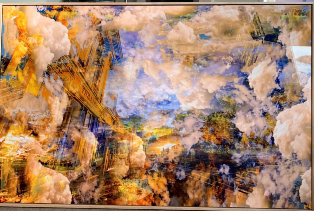 “Passing Back Through” ChromaLuxe metal print by Durham J White, featuring a layered photographic dreamscape artwork of Piper Street's historic architecture and countryside outlook in Kyneton in golden yellow facets and atmospheric blue skies.