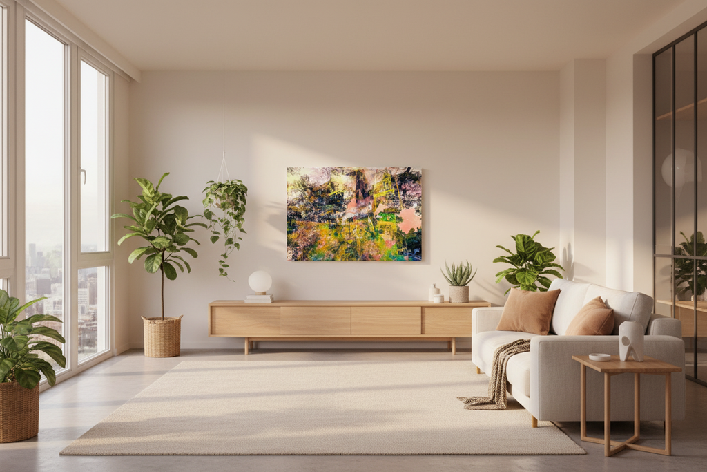 “Pastel Dreams” archival canvas print by Durham J White, featuring a layered photographic artwork of Bendigo's Sacred Heart Cathedral and View Street heritage architecture in pastel blush, sage green, and warm cream tones, minimal apartment living.