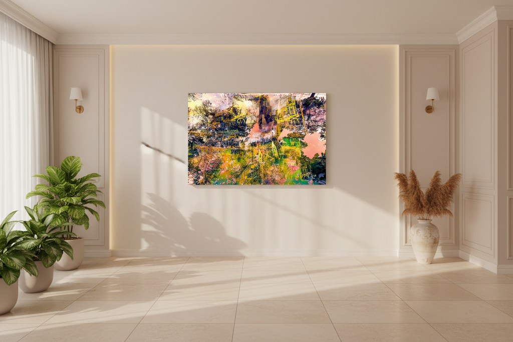 “Pastel Dreams” archival canvas print by Durham J White, featuring a layered photographic artwork of Bendigo's Sacred Heart Cathedral and View Street heritage architecture in pastel blush, sage green, and warm cream tones in a minimal interior.