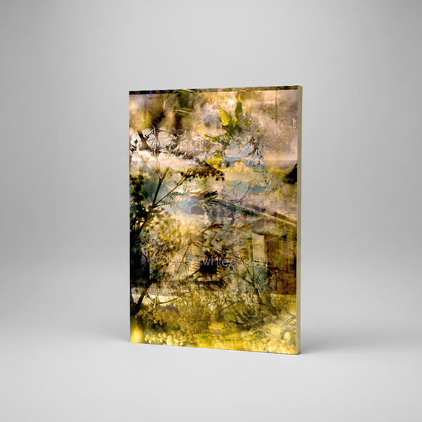 “Pathways Rise” archival canvas print by Durham J White, featuring a layered photographic artwork of a Kyneton nature reserve in vibrant lime greens, lemon yellows, and filtered warm tones.