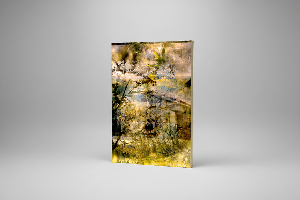 “Pathways Rise” archival canvas print by Durham J White, featuring a layered photographic artwork of a Kyneton nature reserve in vibrant lime greens, lemon yellows, and filtered warm tones.