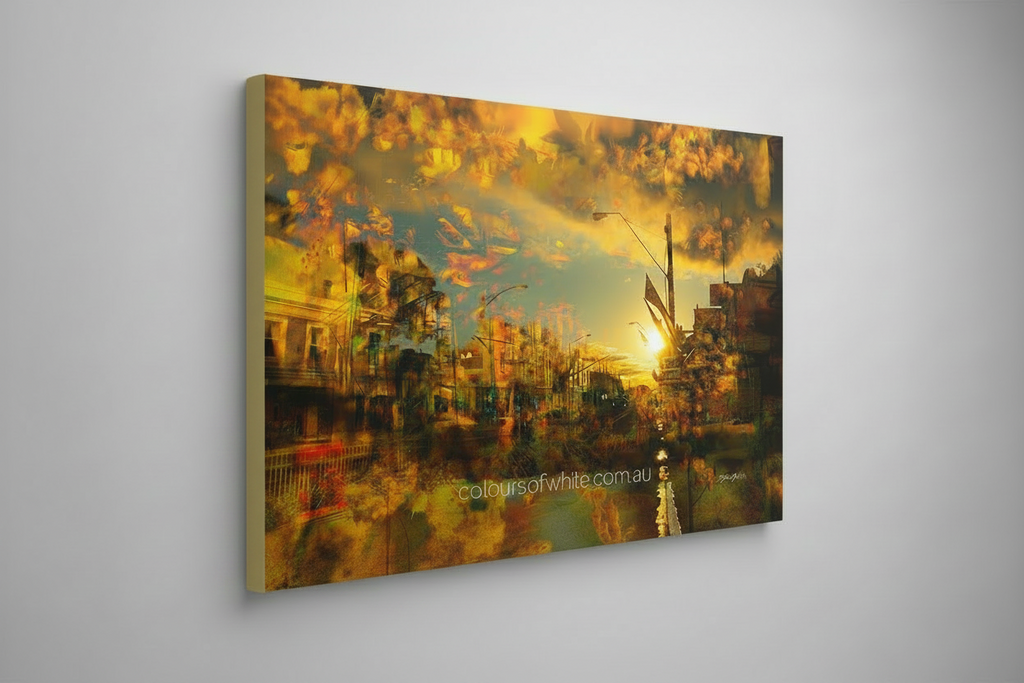 “Piper Street 3view” archival canvas print by Durham J White, featuring a layered photographic artwork of Kyneton's historic Piper Street in radiant ambers, glowing oranges, and earthy golden registers styled in a neutral interior.