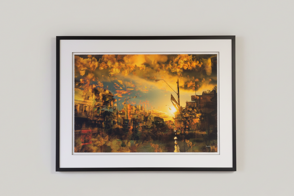 “Piper Street 3view” glass framed fine art print by Durham J White, featuring a layered photographic artwork of Kyneton's historic Piper Street in radiant amber, orange, and earthy golden tones.