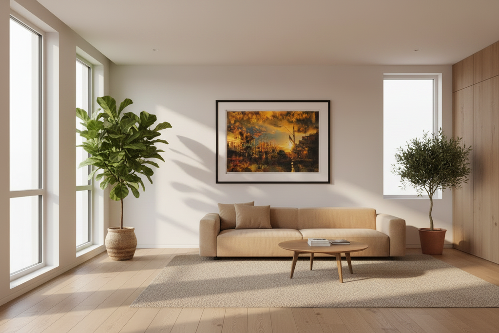 “Piper Street 3view” glass framed fine art print by Durham J White, featuring a layered photographic artwork of Kyneton's historic Piper Street in radiant amber, orange, and earthy golden tones styled in a neutral modern living room.