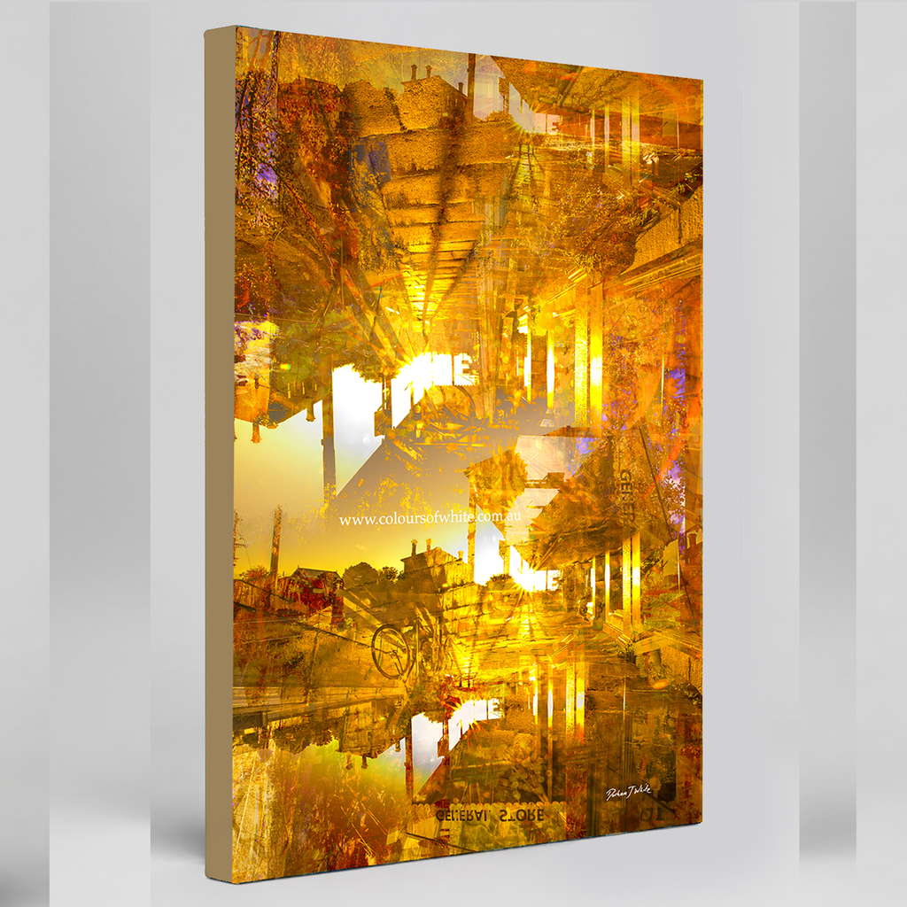 “Pyramids of the Historical Golden New” archival canvas print by Durham J White, featuring a layered photographic artwork of Piper Street's historic landmarks in Kyneton in washed copper and golden tones. With a beige khaki edge wrap.