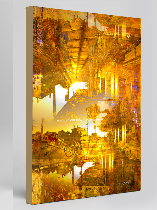 “Pyramids of the Historical Golden New” archival canvas print by Durham J White, featuring a layered photographic artwork of Piper Street's historic landmarks in Kyneton in washed copper and golden tones. With a beige khaki edge wrap.