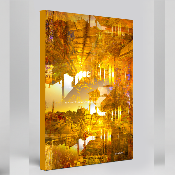 “Pyramids of the Historical Golden New” archival canvas print by Durham J White, featuring a layered photographic artwork of Piper Street's historic landmarks in Kyneton in washed copper and golden tones. With a orange wrap.