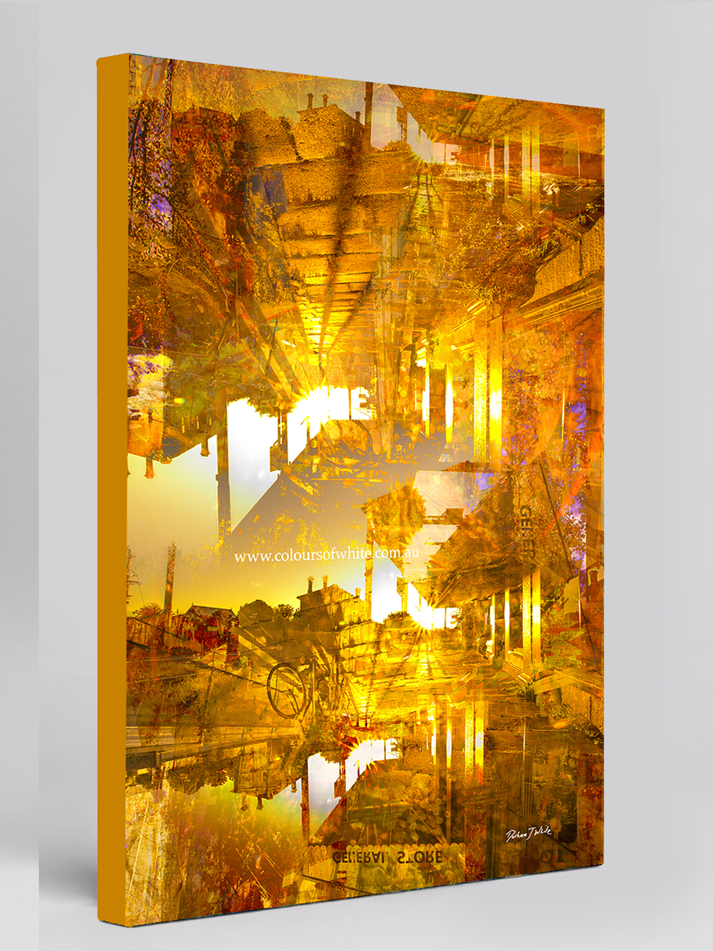 “Pyramids of the Historical Golden New” archival canvas print by Durham J White, featuring a layered photographic artwork of Piper Street's historic landmarks in Kyneton in washed copper and golden tones. With a orange wrap.
