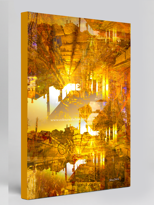 “Pyramids of the Historical Golden New” archival canvas print by Durham J White, featuring a layered photographic artwork of Piper Street's historic landmarks in Kyneton in washed copper and golden tones. With a orange wrap.