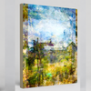 “Quaint” archival canvas print by Durham J White, featuring a layered photographic artwork of Trentham rooftops and chimneys in soft sky blues, crisp whites, and deep garden greens beneath a luminous sky.