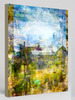 “Quaint” archival canvas print by Durham J White, featuring a layered photographic artwork of Trentham rooftops and chimneys in soft sky blues, crisp whites, and deep garden greens beneath a luminous sky.