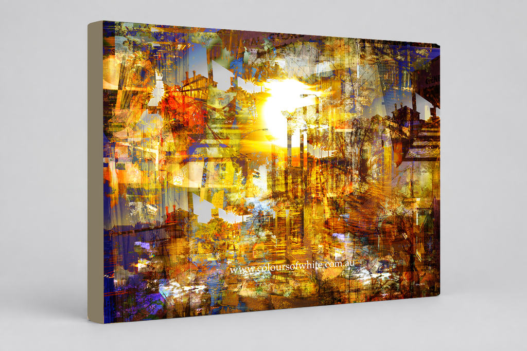 "Realisation" archival canvas print by Durham J White — a multi-dimensional layered photographic artwork with complex architectural geometries, long shadow lines, golden light, deep ambers, and burning orange tones.