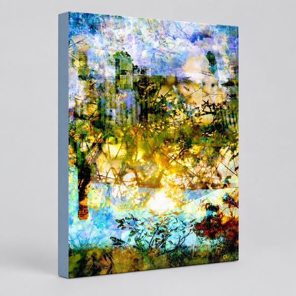 “Rebirth” Archival canvas print by Durham J White, featuring an abstract nature photographic artwork with arctic blues, deep indigo, a central break of warm light, and the subtle reflection of a historic cottage in the sky.