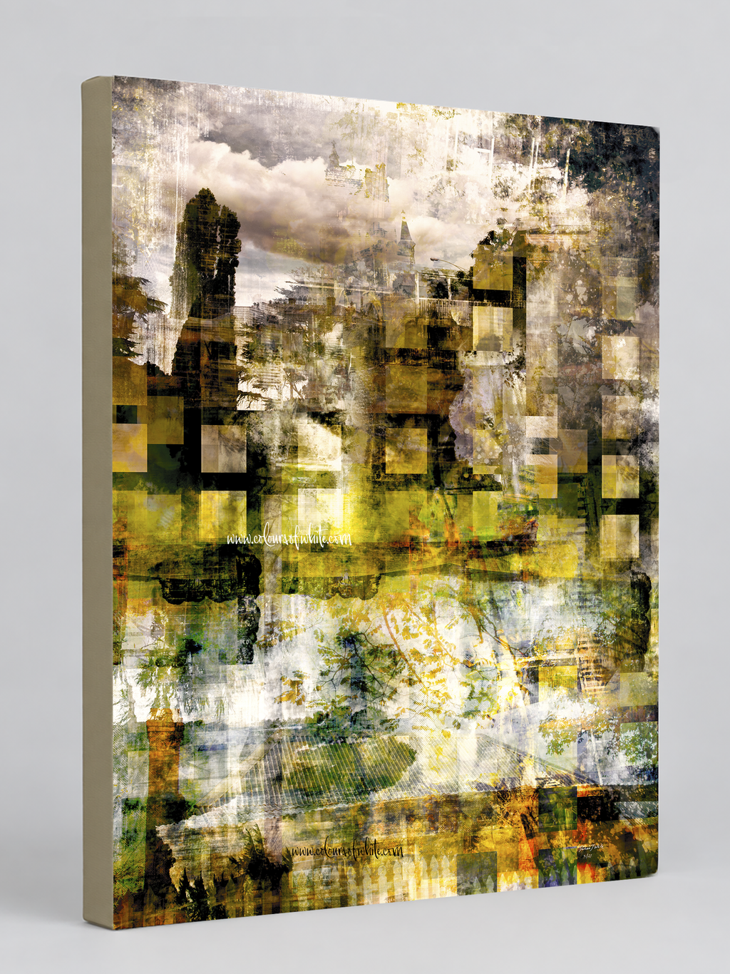 “Rejuvenation” archival canvas print by Durham J White, featuring a layered nature photographic artwork of Kyneton with luminous lime greens, chartreuse, butterscotch, and a monotone vintage-washed skyline.