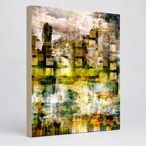 “Rejuvenation” archival canvas print by Durham J White, featuring a layered nature photographic artwork of Kyneton with luminous lime greens, chartreuse, butterscotch, and a monotone vintage-washed skyline.