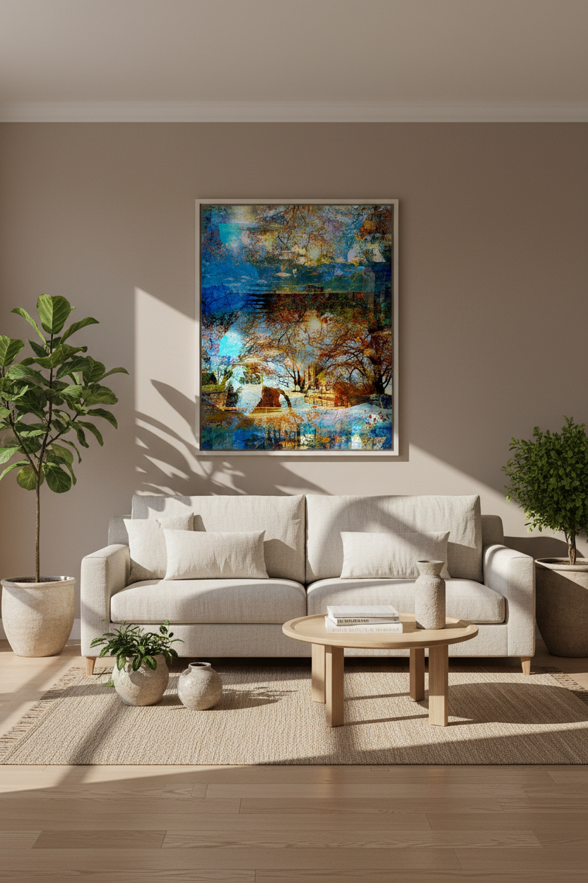 “Reminiscing” white framed archival canvas print by Durham J White, featuring a layered photographic artwork of Glenlyon with cornflower blues, autumn reds, evoking a dreamlike Japanese landscape with white cloud snow-cap illusions and cherry blossom pink tones.