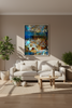 “Reminiscing” white framed archival canvas print by Durham J White, featuring a layered photographic artwork of Glenlyon with cornflower blues, autumn reds, evoking a dreamlike Japanese landscape with white cloud snow-cap illusions and cherry blossom pink tones.