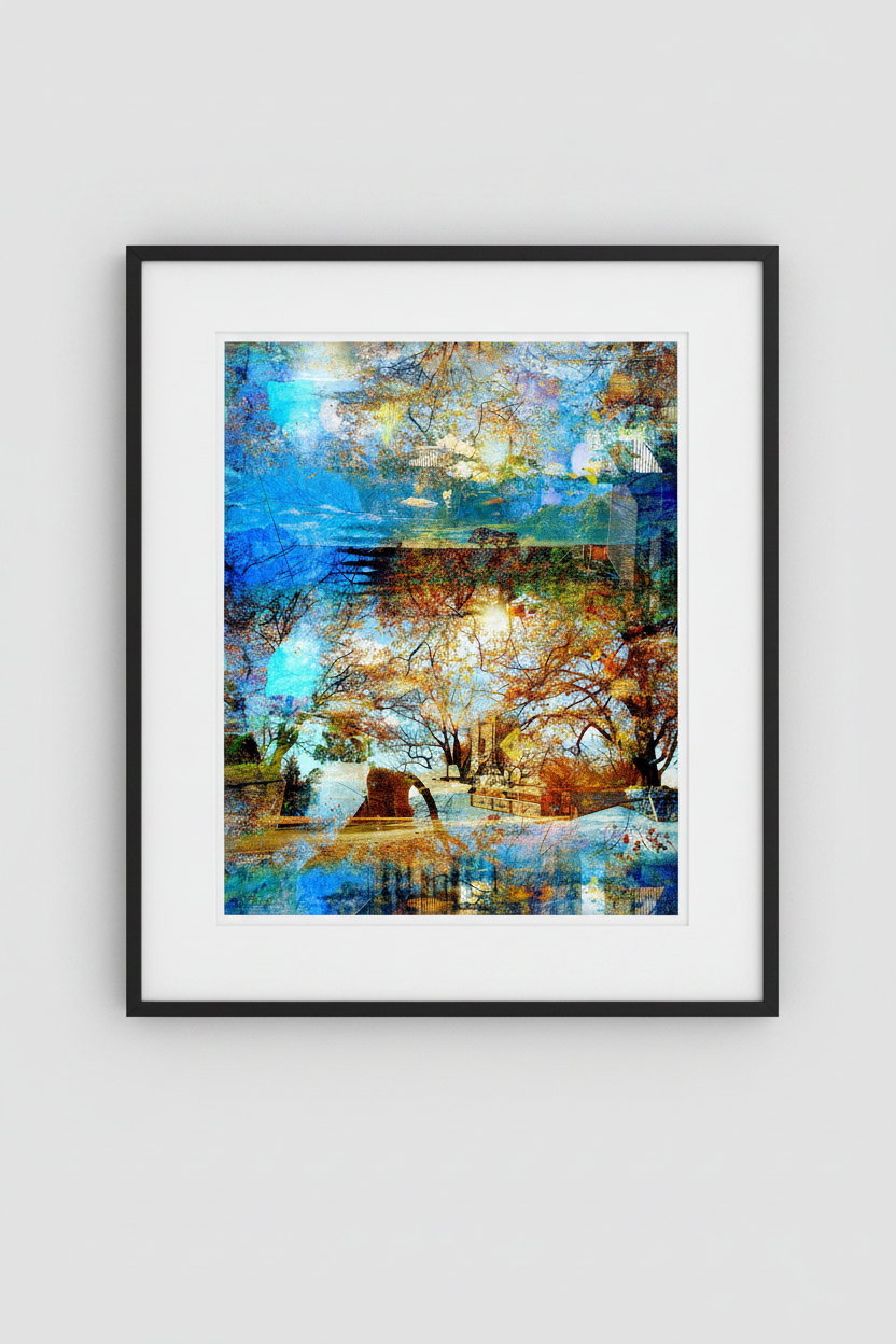 “Reminiscing” glass framed print by Durham J White, featuring a layered photographic artwork of Glenlyon with cornflower blues, autumn reds, evoking a dreamlike Japanese landscape with white cloud snow-cap illusions and cherry blossom pink tones.