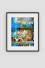 “Reminiscing” glass framed print by Durham J White, featuring a layered photographic artwork of Glenlyon with cornflower blues, autumn reds, evoking a dreamlike Japanese landscape with white cloud snow-cap illusions and cherry blossom pink tones.