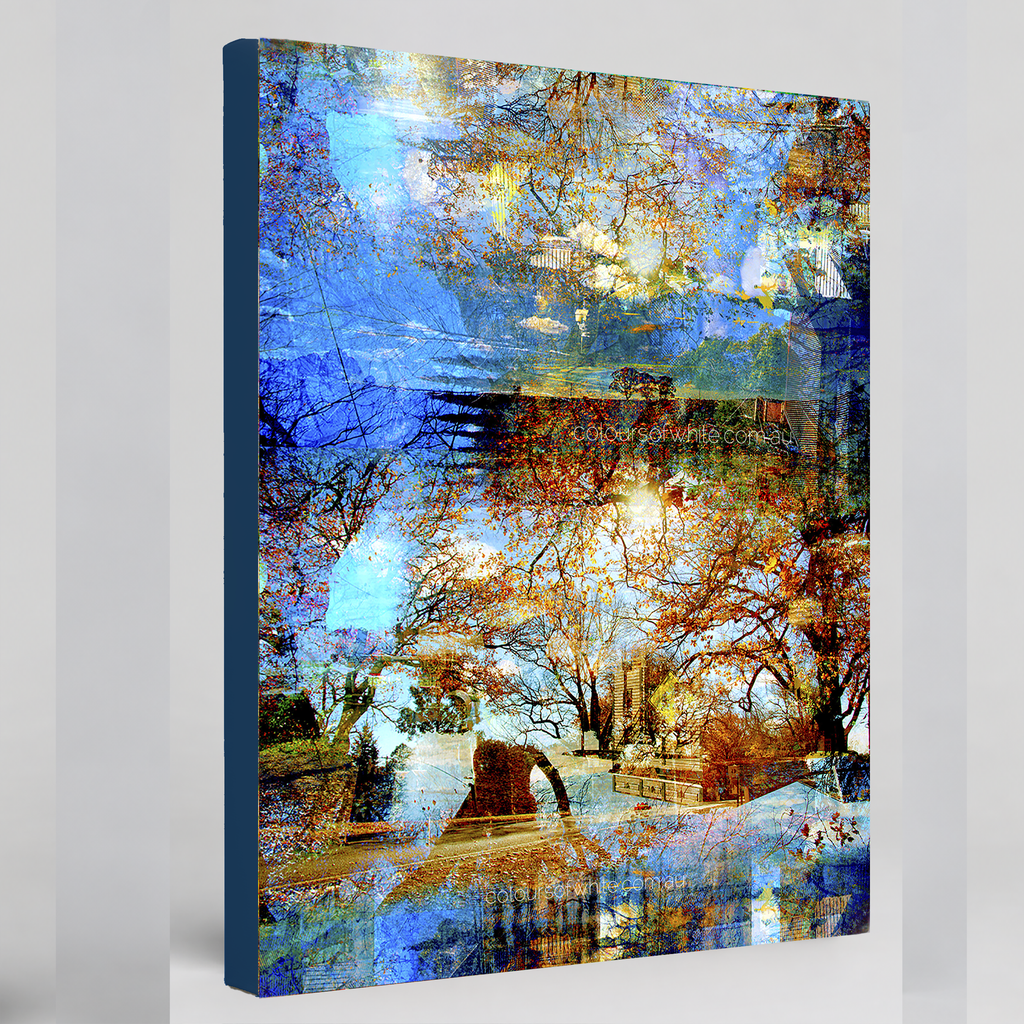 “Reminiscing” archival canvas print by Durham J White, featuring a layered photographic artwork of Glenlyon with cornflower blues, autumn reds, evoking a dreamlike Japanese landscape with white cloud snow-cap illusions and cherry blossom pink tones.