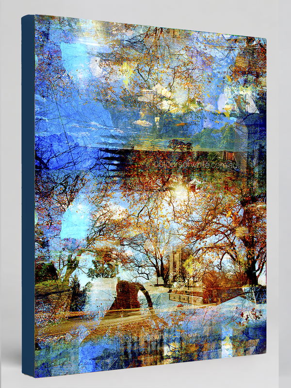 “Reminiscing” archival canvas print by Durham J White, featuring a layered photographic artwork of Glenlyon with cornflower blues, autumn reds, evoking a dreamlike Japanese landscape with white cloud snow-cap illusions and cherry blossom pink tones.