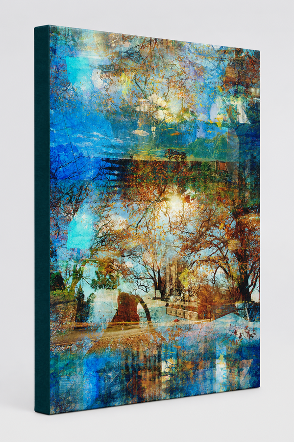 “Reminiscing” archival canvas print by Durham J White, featuring a layered photographic artwork of Glenlyon with cornflower blues, autumn reds, evoking a dreamlike Japanese landscape with white cloud snow-cap illusions and cherry blossom pink tones.