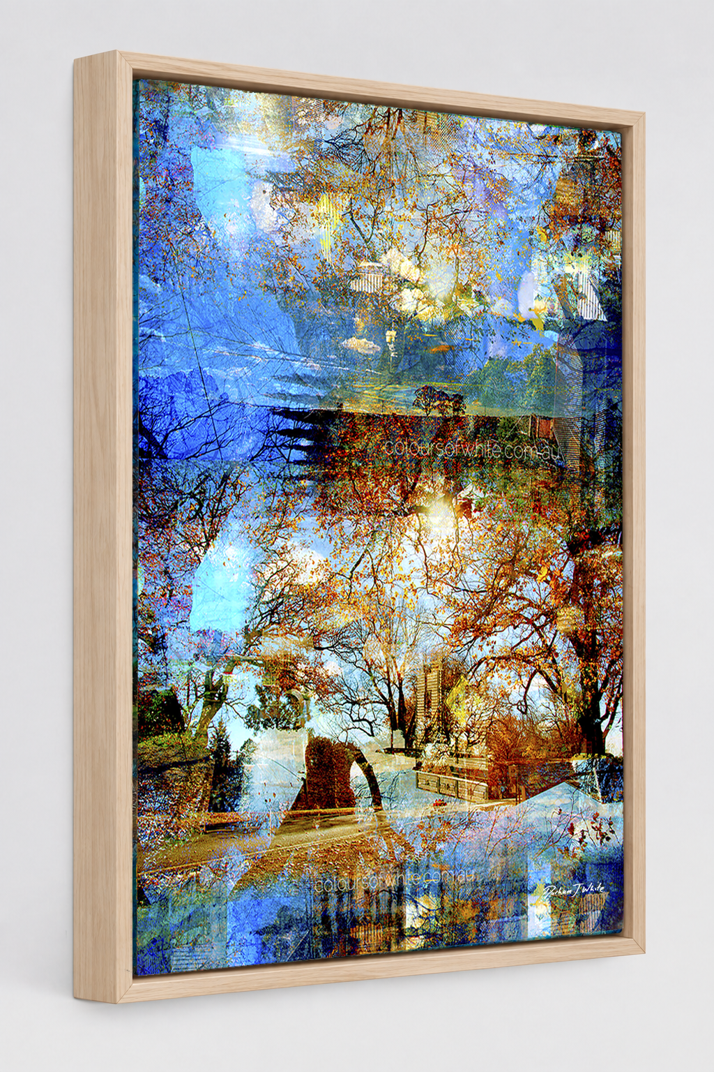 “Reminiscing” ash box framed archival canvas print by Durham J White, featuring a layered photographic artwork of Glenlyon with cornflower blues, autumn reds, evoking a dreamlike Japanese landscape with white cloud snow-cap illusions and cherry blossom pink tones.