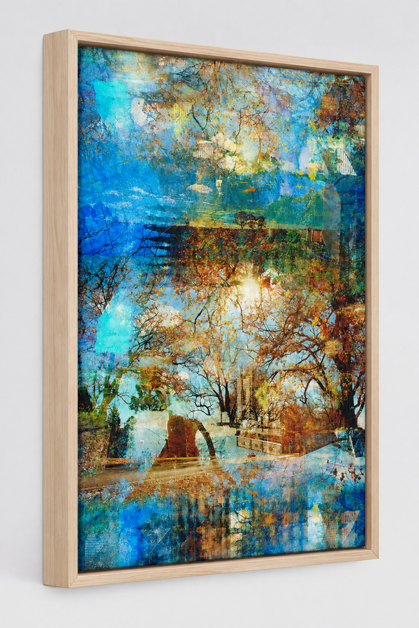 “Reminiscing” ash box framed archival canvas print by Durham J White, featuring a layered photographic artwork of Glenlyon with cornflower blues, autumn reds, evoking a dreamlike Japanese landscape with white cloud snow-cap illusions and cherry blossom pink tones.