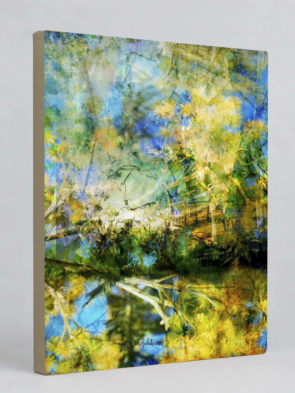 “River of Dreams” archival canvas print by Durham J White, featuring a layered photographic artwork of Piper Street's College and BlackHill Reserve in Kyneton in deep blues and luminous golden accents. Beige Khaki wrap