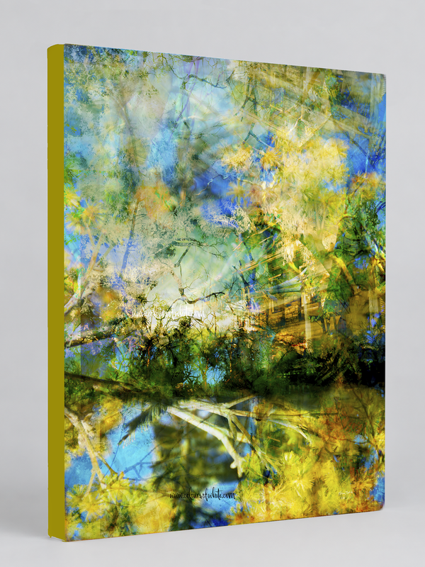 “River of Dreams” archival canvas print by Durham J White, featuring a layered photographic artwork of Piper Street's College and BlackHill Reserve in Kyneton in deep blues and luminous golden accents. Citrine wrap.