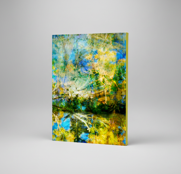 “River of Dreams” archival canvas print by Durham J White, featuring a layered photographic artwork of Piper Street's College and BlackHill Reserve in Kyneton in deep blues and luminous golden accents.
