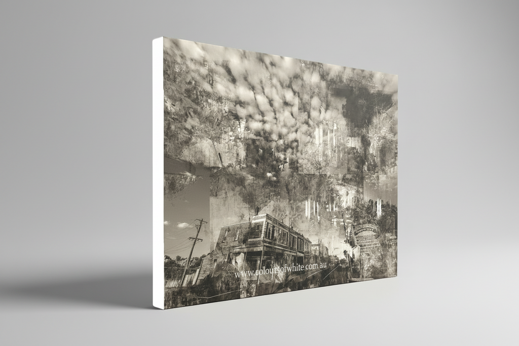 “Shades of the Historical Present Past” archival canvas print by Durham J White, featuring a monochromatic layered photographic artwork of Piper Street in Kyneton in rich greys, crisp whites, and deep ink blacks.
